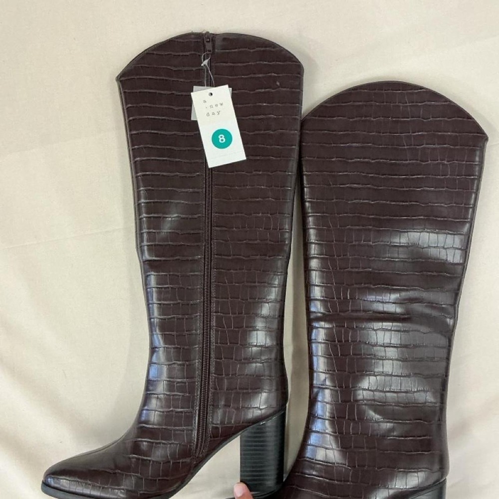Brown crocodile print knee-high boots by A New Day